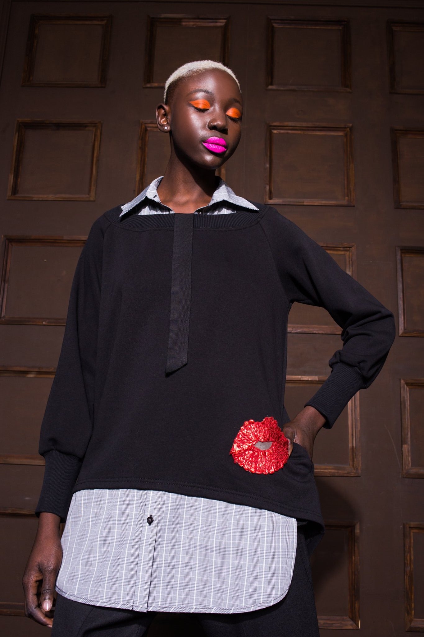 Oversized sweatshirt and striped cotton-poplin shirt