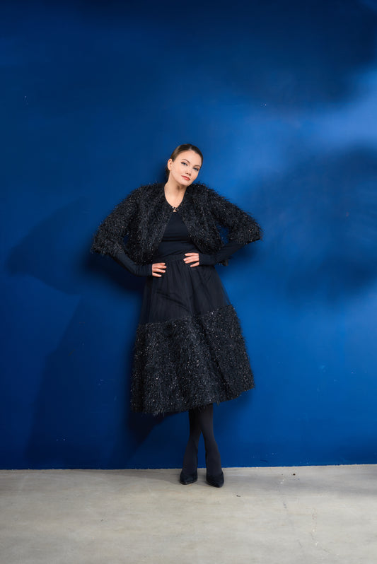 Bolero jacket with metal hook closure