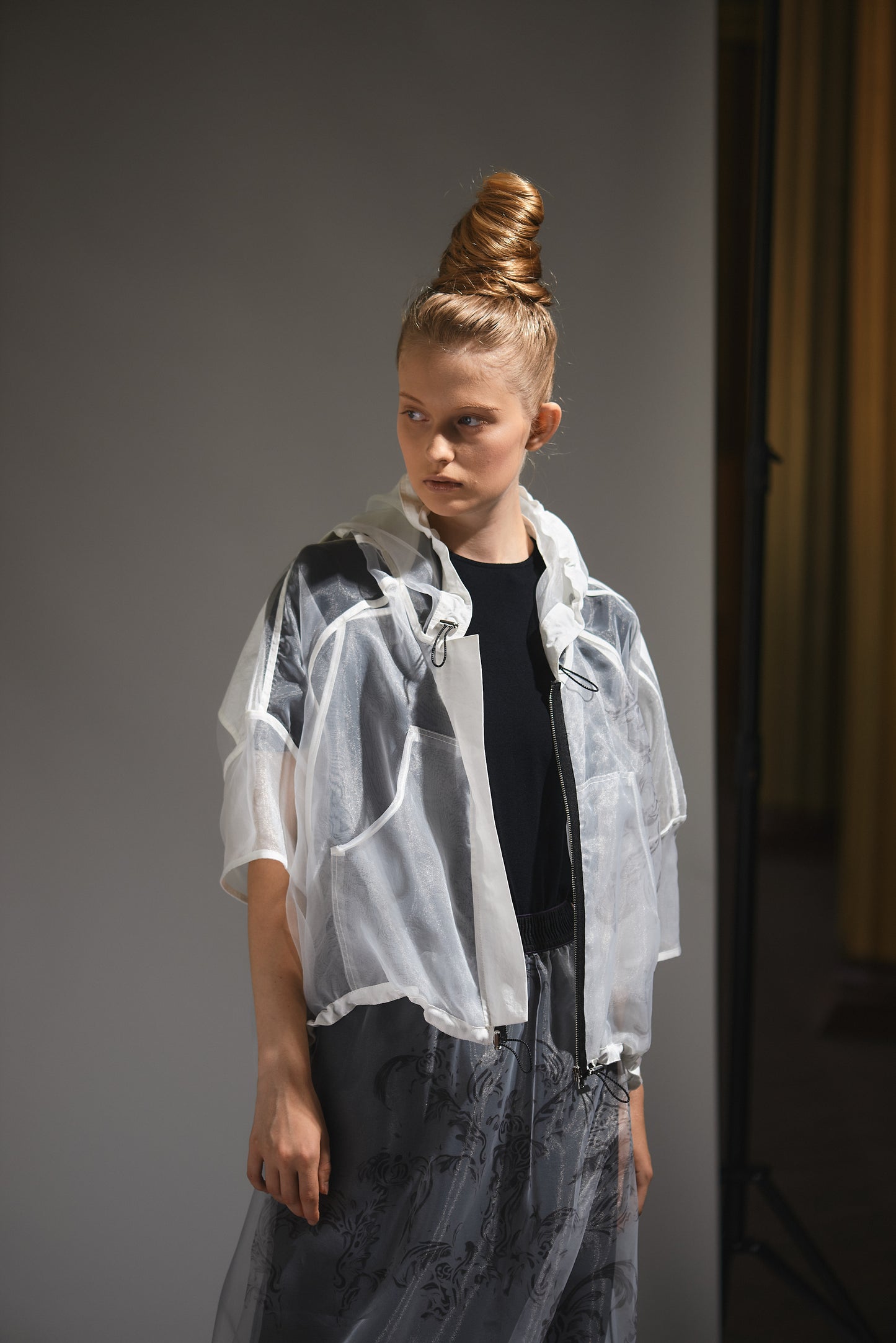 Transparent organza jacket with print
