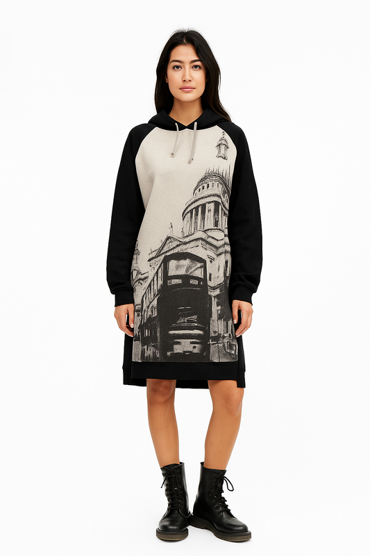 Sweatshirt Japanese cotton dress with a hood and London Bus print