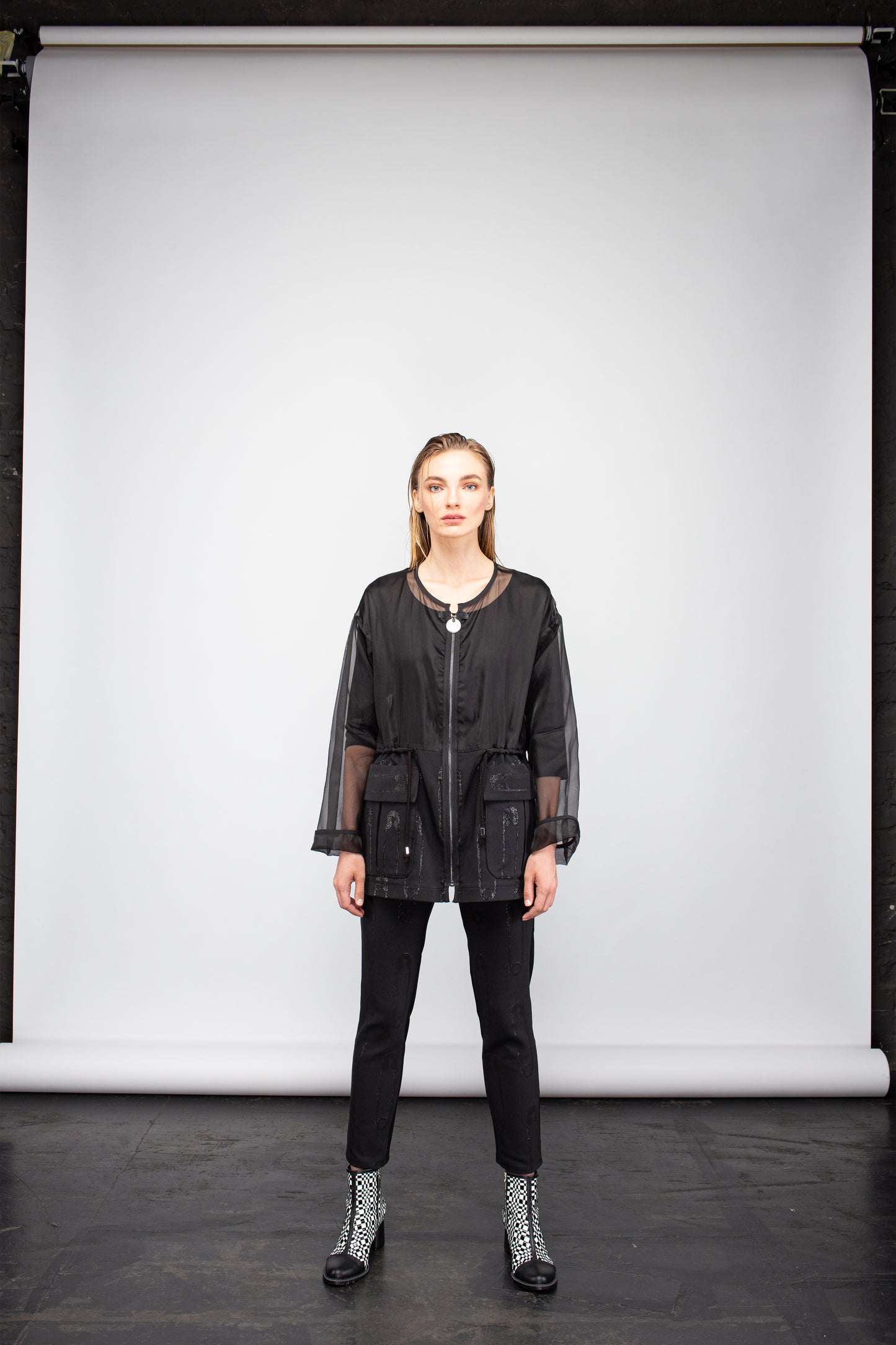 Transparent organza jacket with Jacquard safety pins fabric | NY77DESIGN