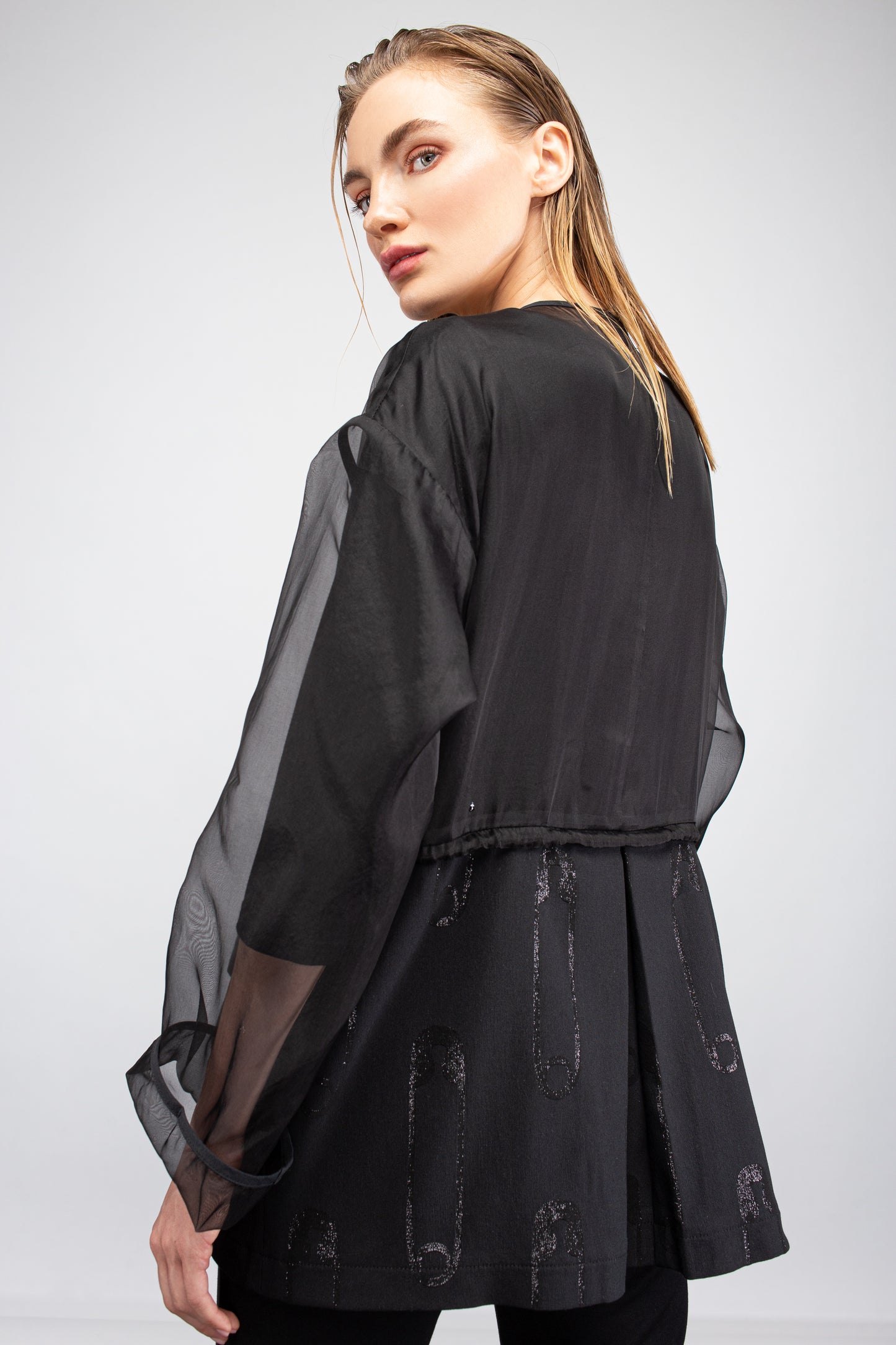 Transparent organza jacket with Jacquard safety pins fabric | NY77DESIGN