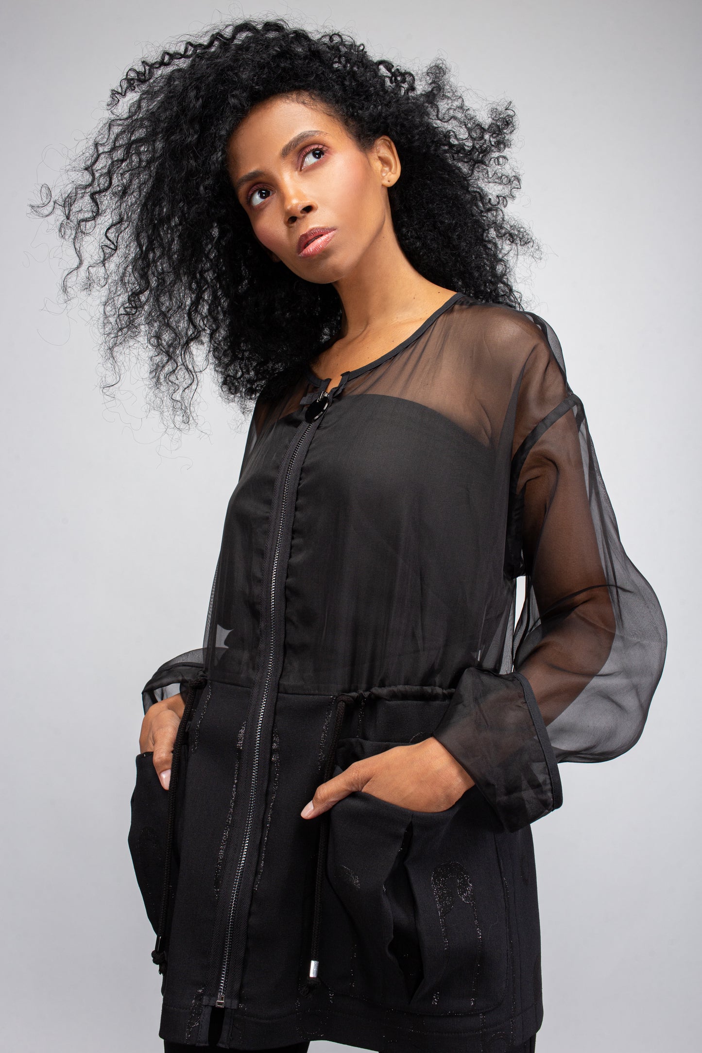 Transparent organza jacket with Jacquard safety pins fabric | NY77DESIGN