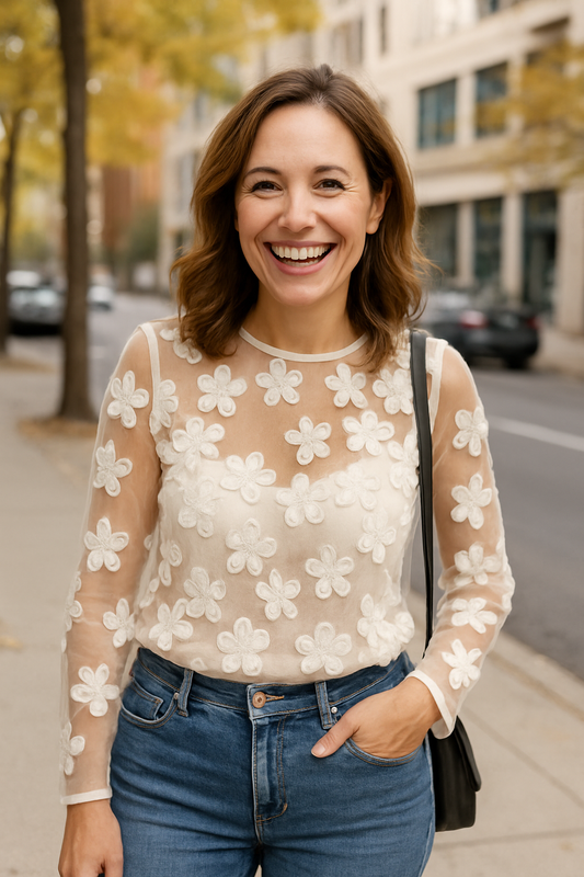 Floral embroidered mesh top