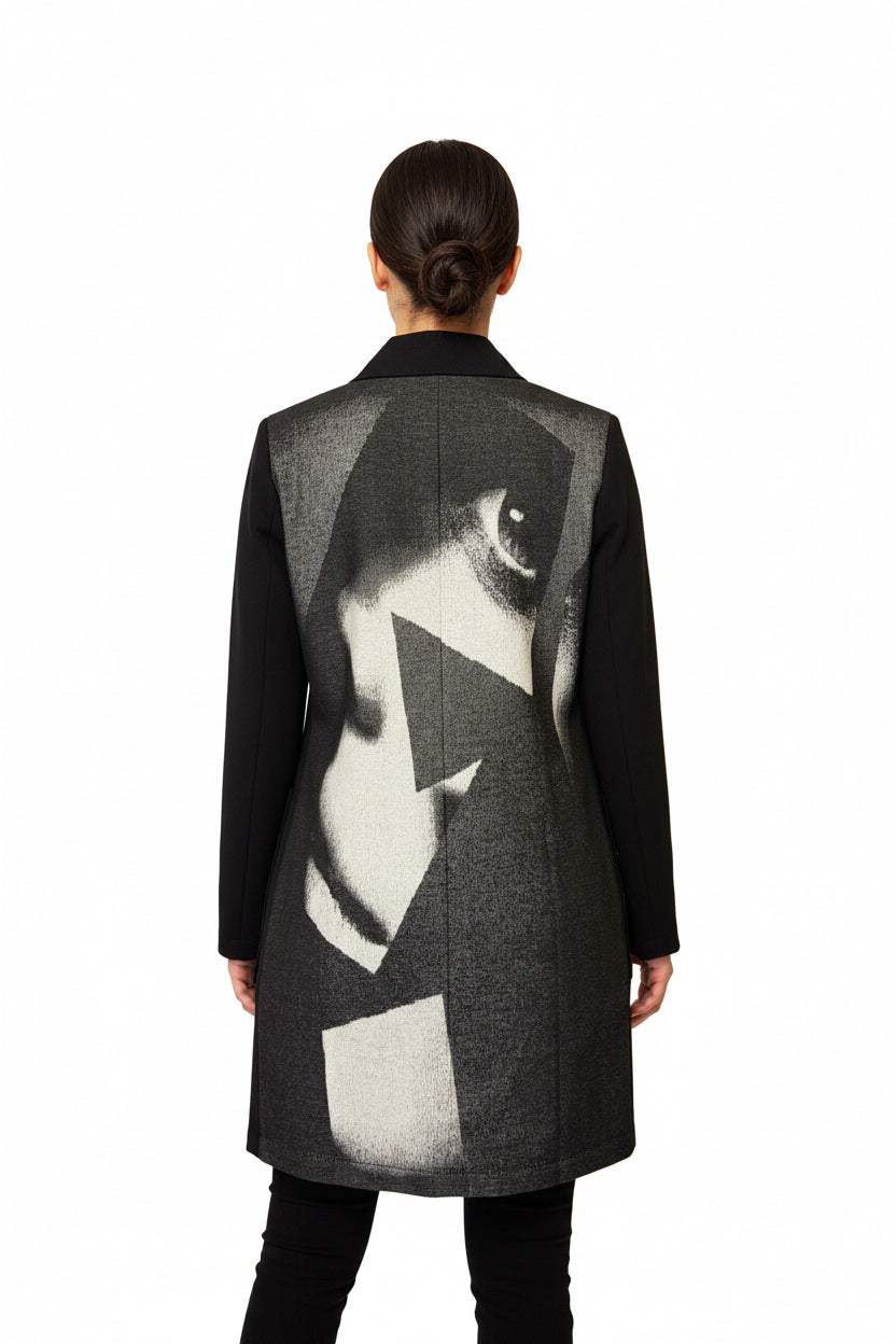 Jacket with eye print on a back