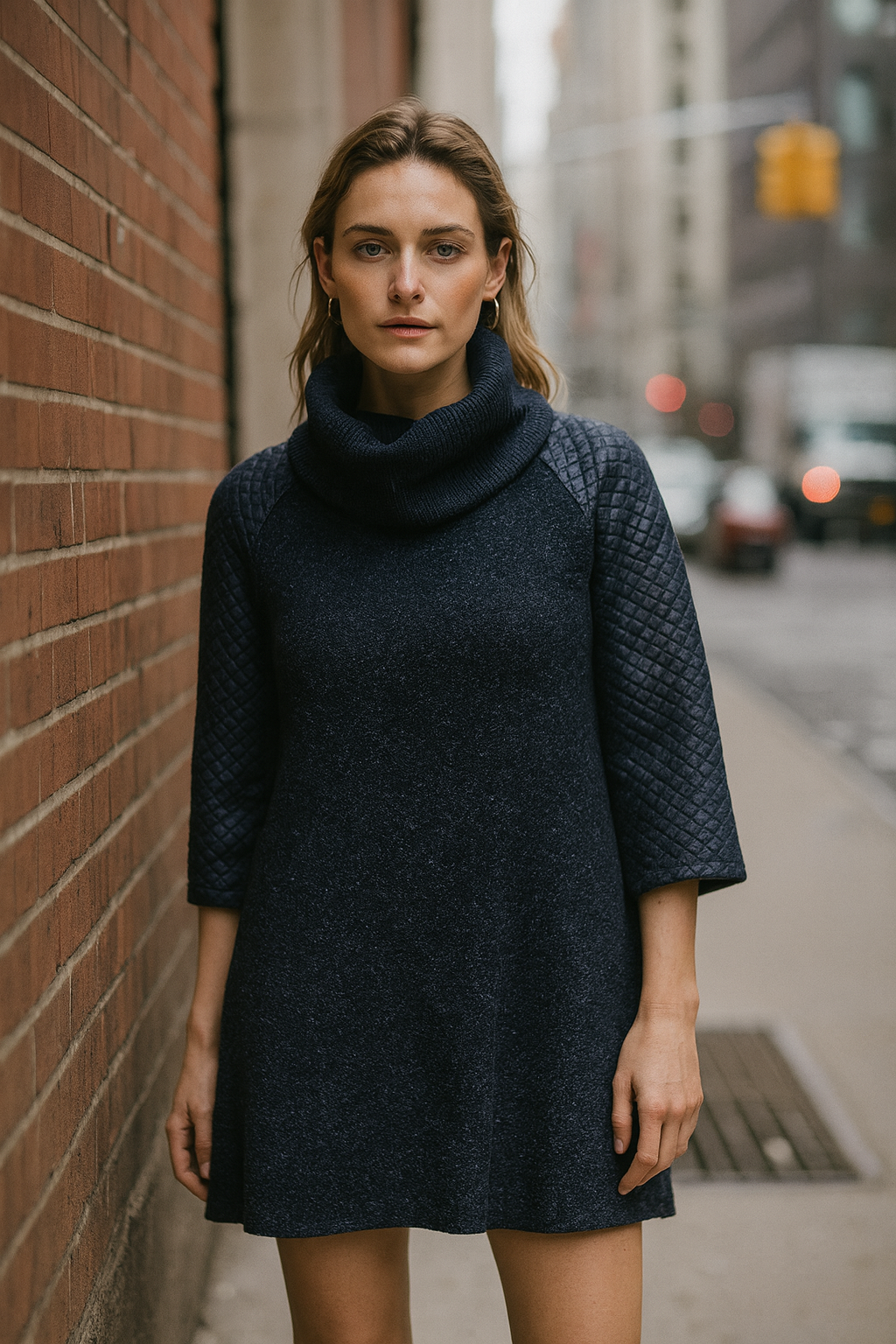Woman wearing a black top standing against a brick wall on a city street.