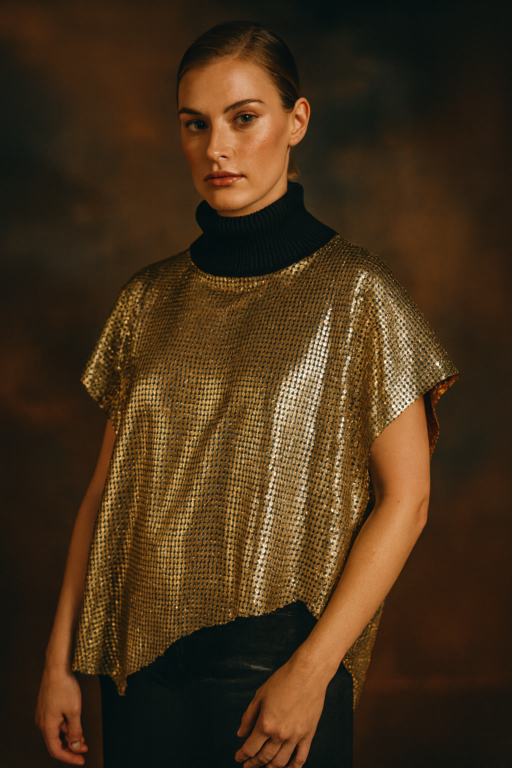 Woman wearing a gold perforated leather top against a dark background