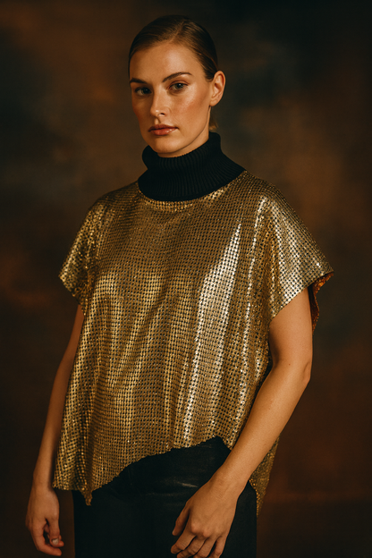 Woman wearing a gold perforated leather top against a dark background