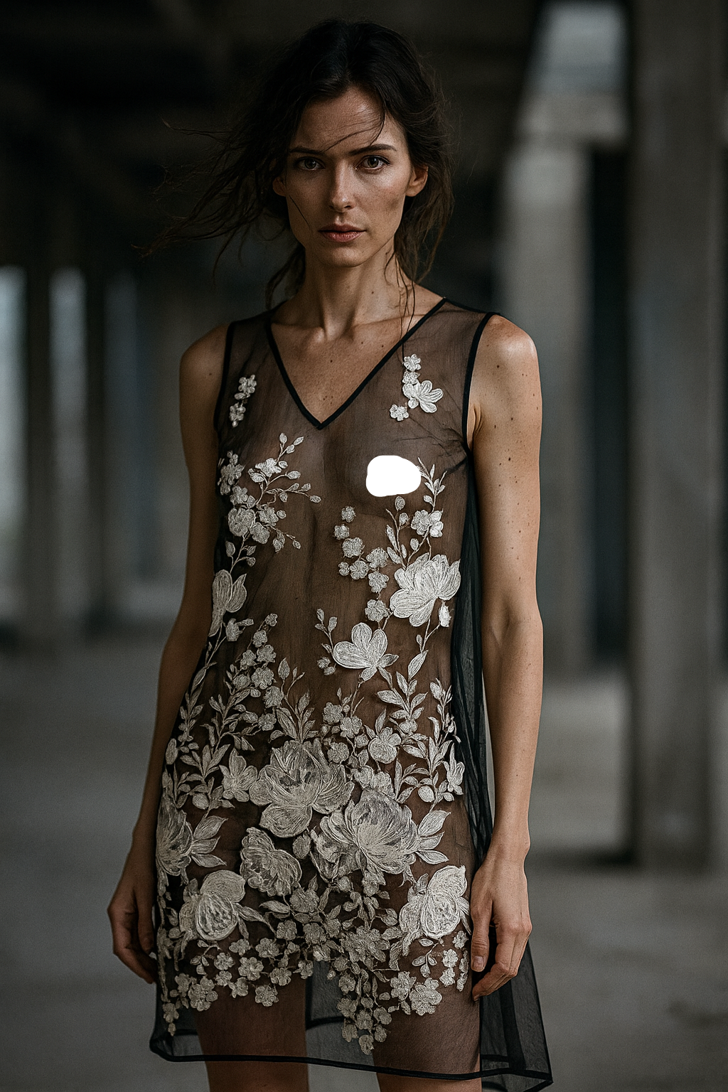 Woman wearing a black lace dress with floral patterns in an urban setting