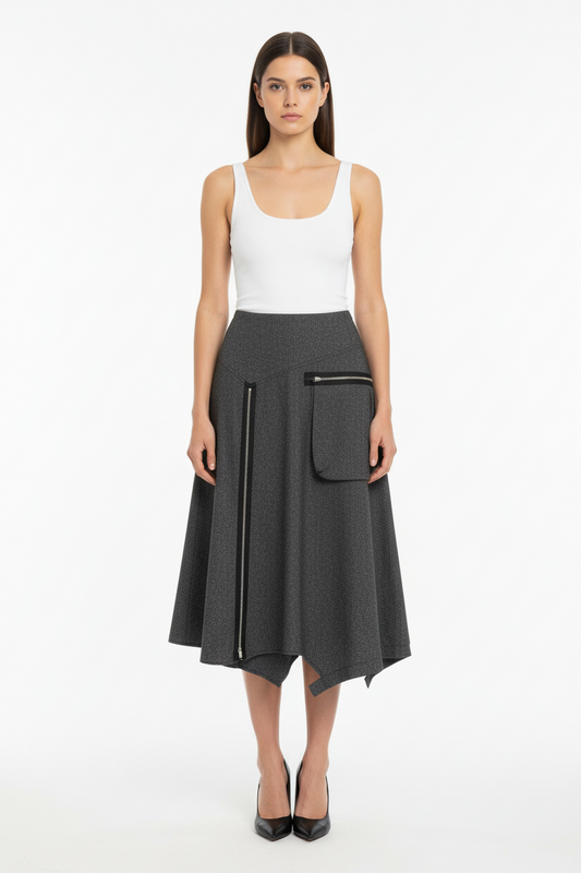 Asymmetrical skirt with front zipper detail