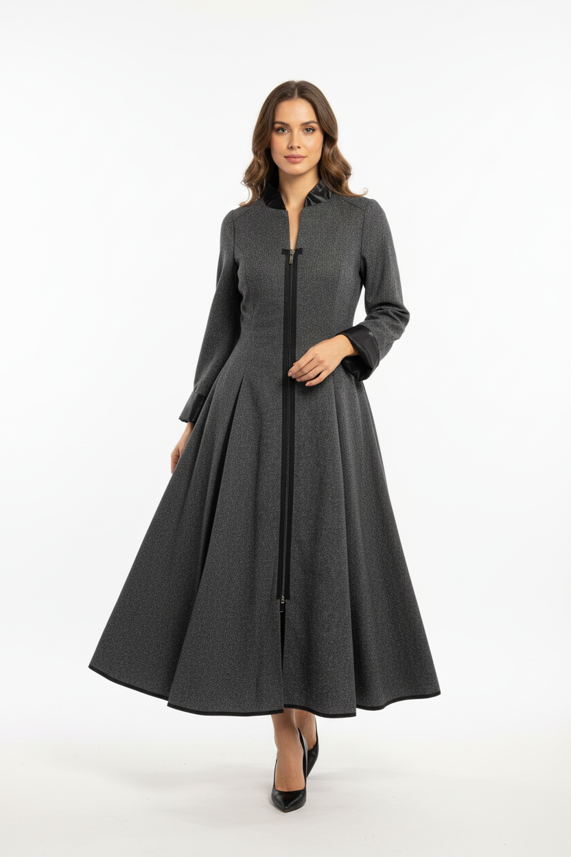 Midi dress with zipper front and faux leather details