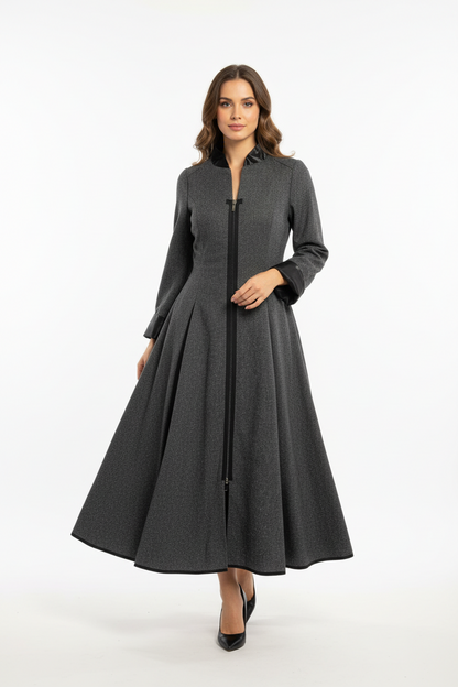 Midi dress with zipper front and faux leather details