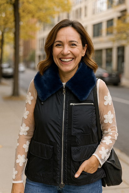 Vest with a luxurious faux fur collar and front zipper closure