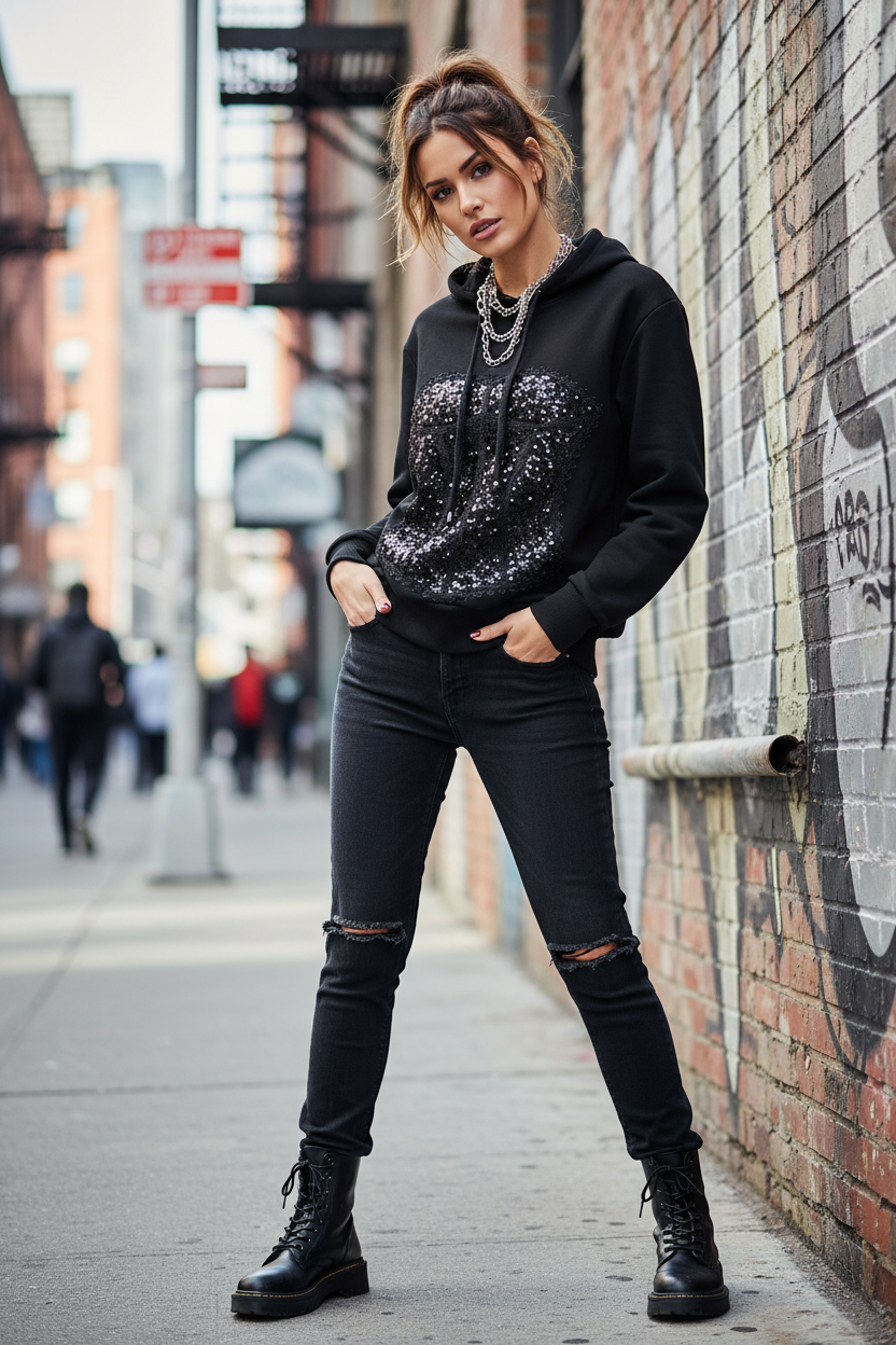 Long sleeve Hoodie sequins “bustier” front detail