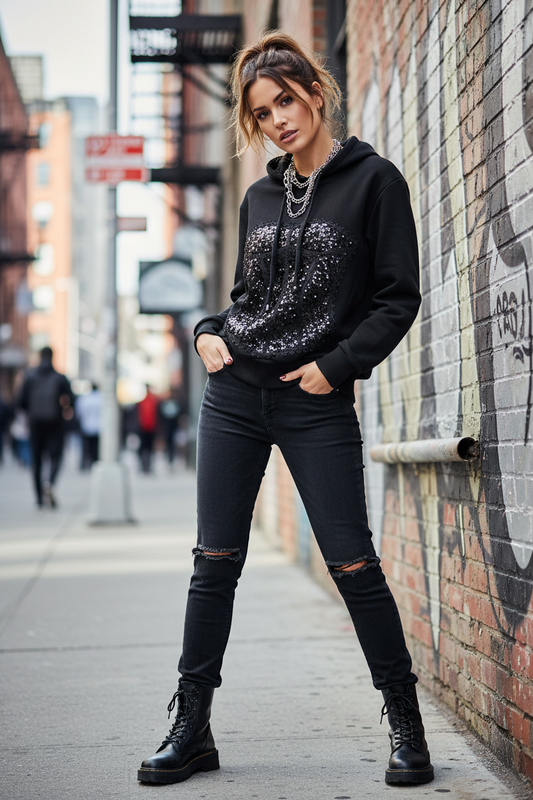 Long sleeve Hoodie sequins “bustier” front detail