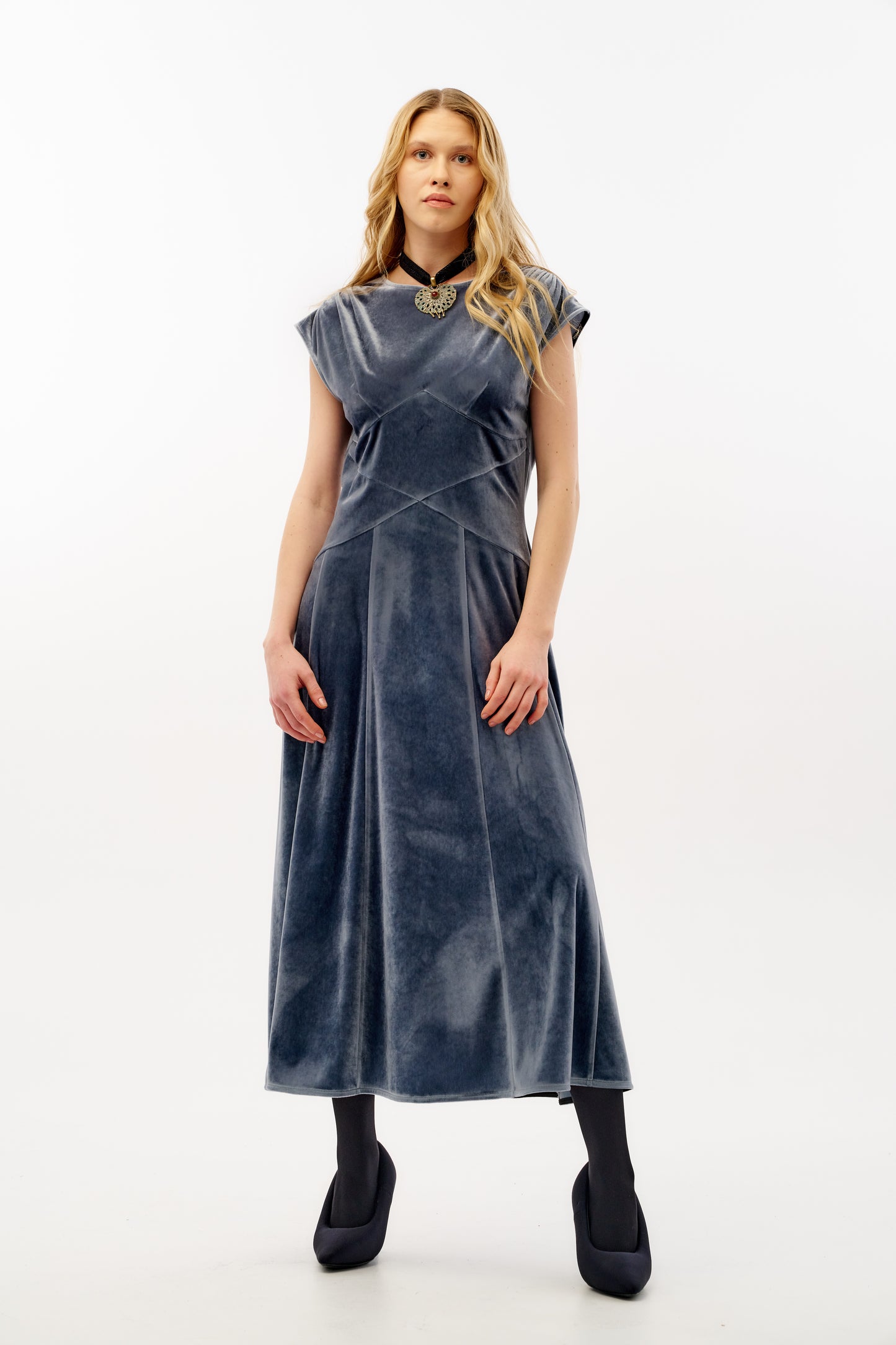 Cup sleeve midi dress in Japanese velvet