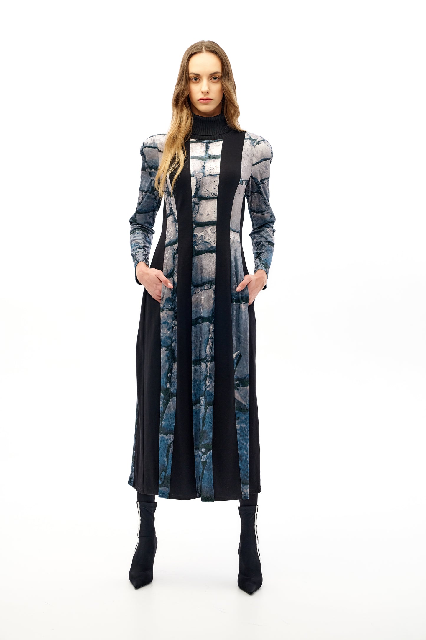 Midi dress with velvet and viscose panels