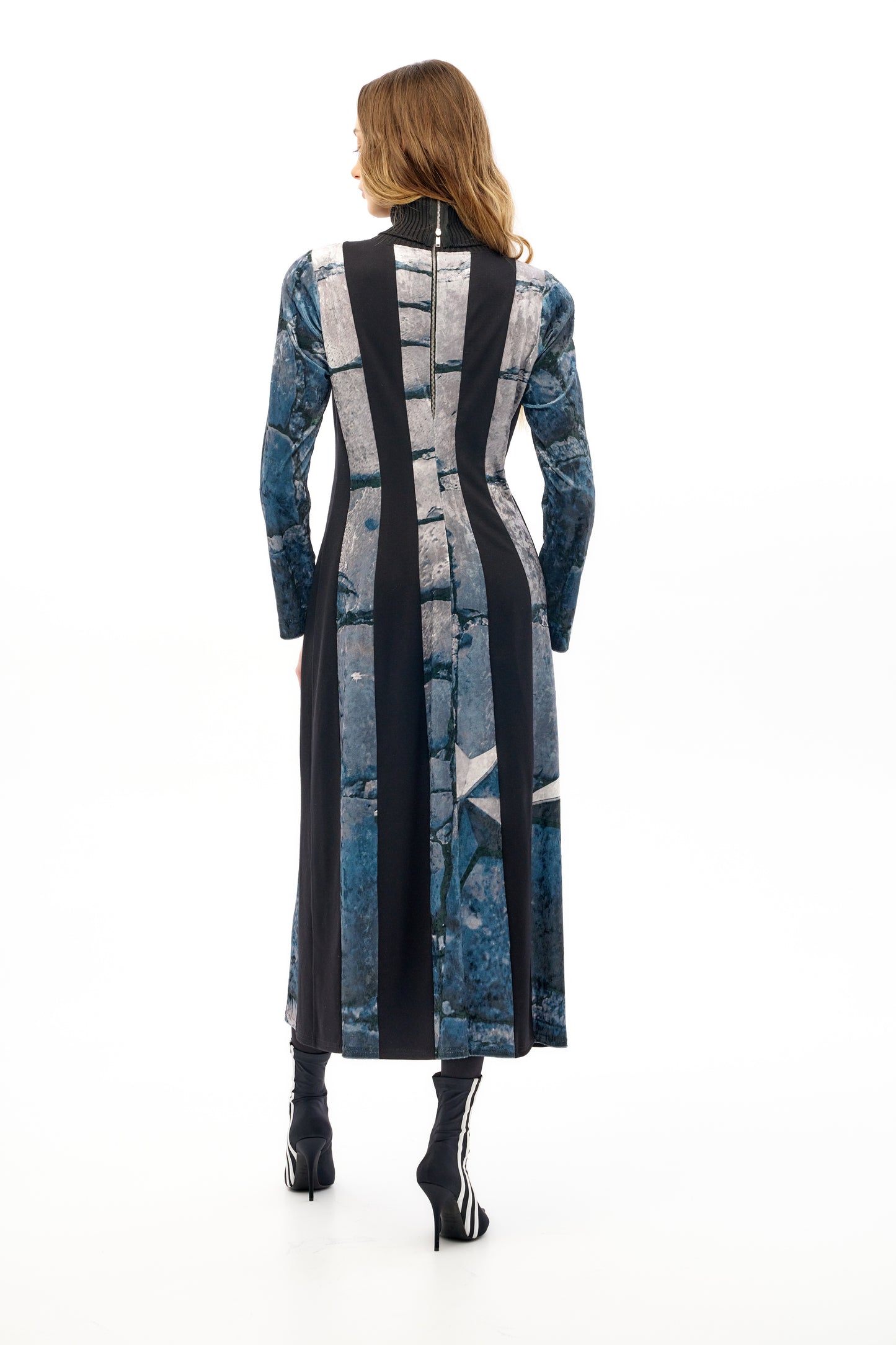 Midi dress with velvet and viscose panels