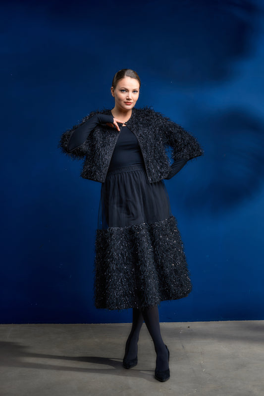 Bolero jacket with metal hook closure