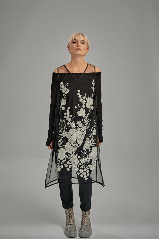 Overlay embroidered flower mesh dress