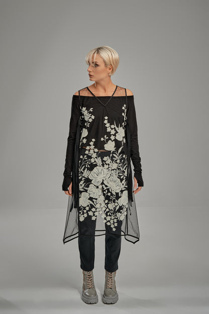 Overlay embroidered flower mesh dress