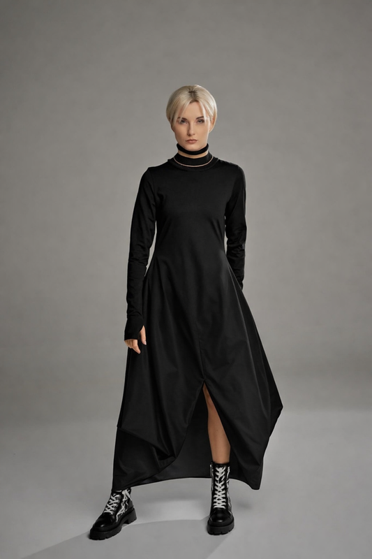 Maxi turtleneck dress with taffeta and mesh bottom