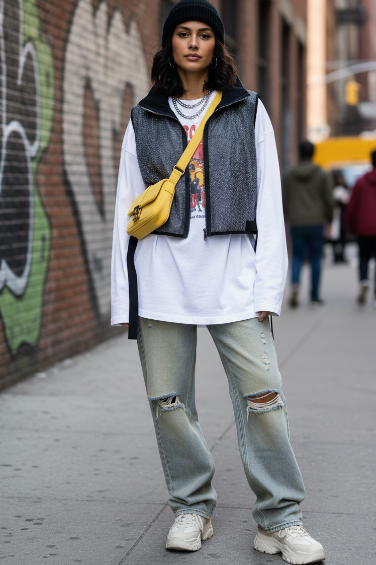 Person wearing a white coat, gray vest, and ripped jeans on a city street.