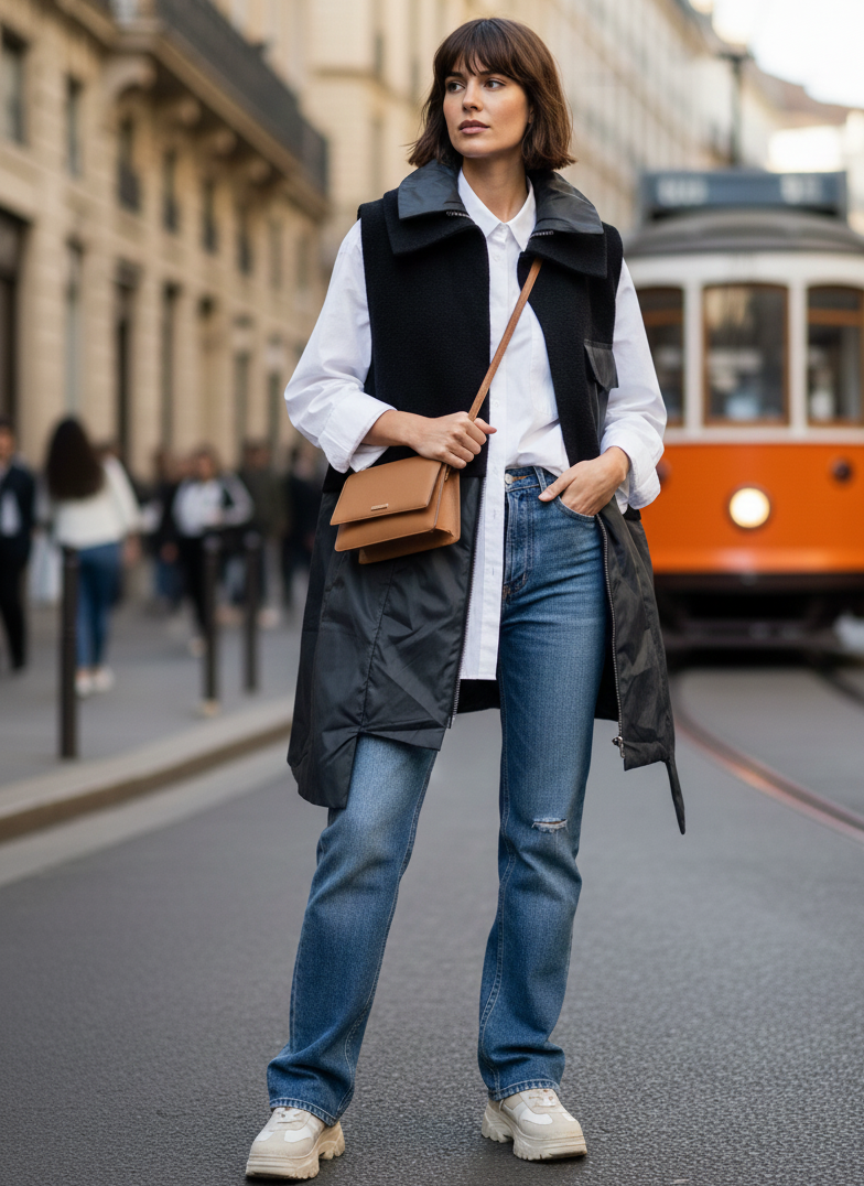 Woman in a city street wearing a black vest, white shirt, blue jeans, and carrying a brown bag.