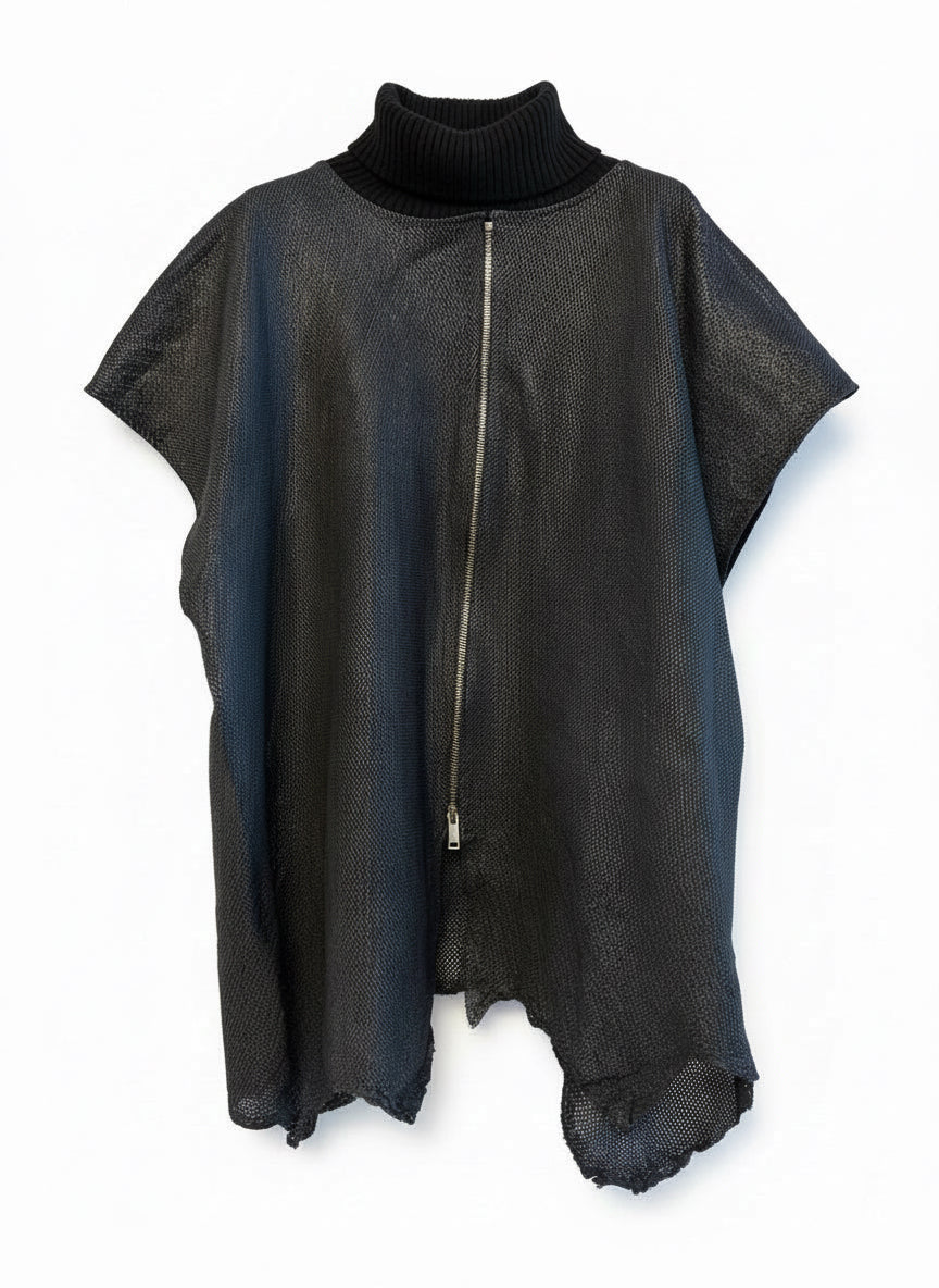 Dark perforated leather jacket with a zipper on a light background