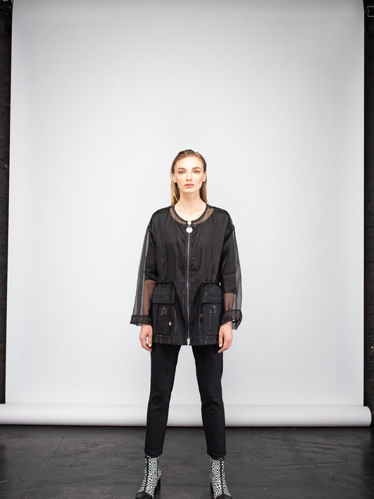 Transparent organza jacket with Jacquard safety pins fabric |  NY77DESIGN