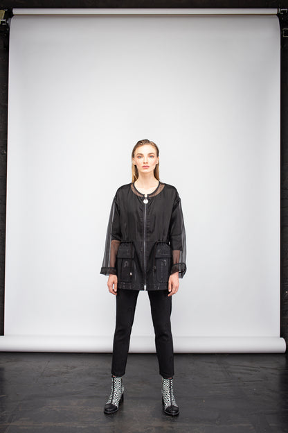 Transparent organza jacket with Jacquard safety pins fabric |  NY77DESIGN