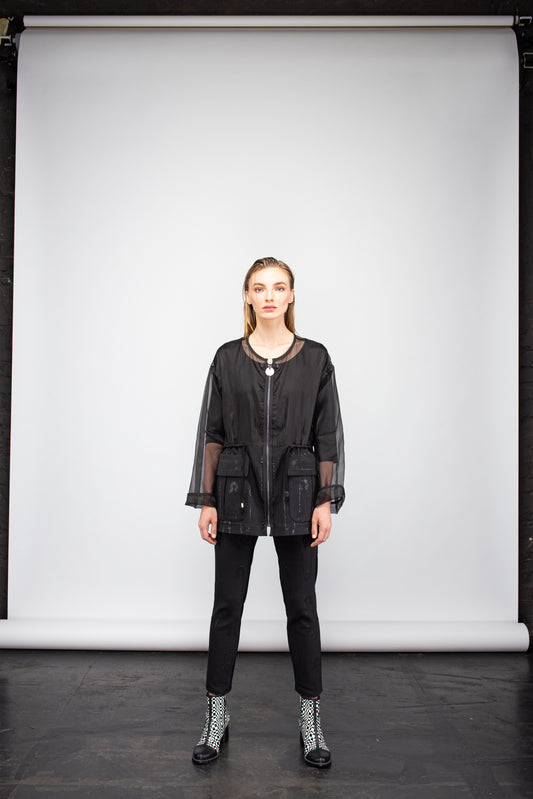 Transparent organza jacket with Jacquard safety pins fabric